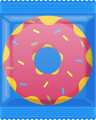 Single pink glazed donut with colorful sprinkles contained in a sealed blue plastic package, creating a visually appealing presentation of a sweet treat