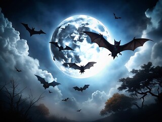 Fototapeta premium Silhouette of Cartoon Vampire Bats Flying at Night