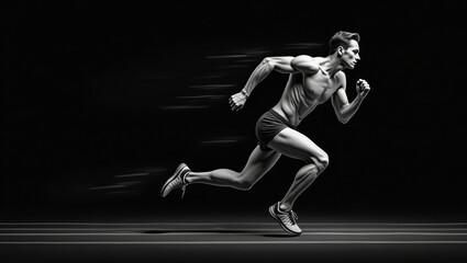 Naklejka premium Dynamic black and white digital illustration of a male sprinter in midaction against a dark background showcasing muscular definition and speed