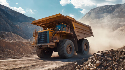 Obraz premium An enormous mining dump truck hauling large quantities of ores through a rugged landscape, with dust flying and powerful machinery at work.
