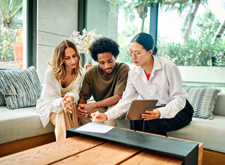 contract woman man signing couple investment house agent real estate business agreement client...