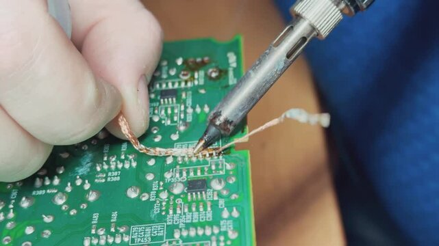 Male hand holding soldering iron and soldering circuit board close-up
