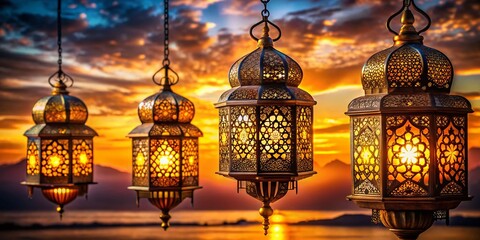 Obraz premium Silhouette of Intricate Lanterns Glowing at Dusk - Warm Light, Asian Pattern