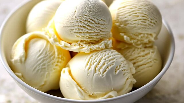 Close-up shot of a bowl filled with creamy, vanilla ice cream scoops.