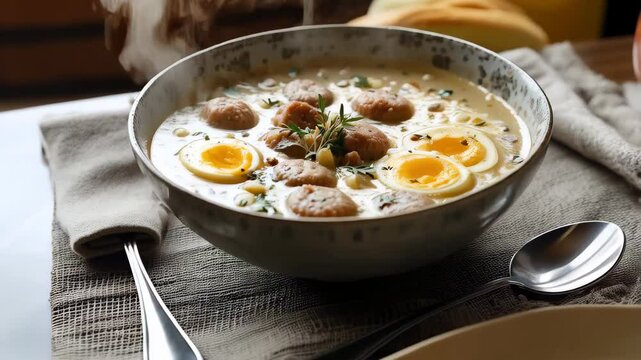 Creamy and Delicious White Soup with Meatballs and Eggs A hearty bowl of comfort food