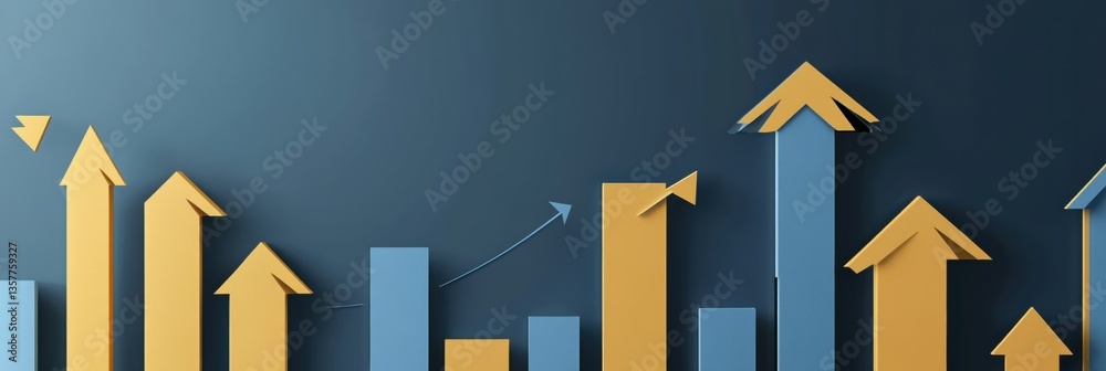 Poster layered paper cut bar charts and rising arrows representing growth in modern business design with go