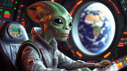 Alien pilot navigating spaceship through the porthole of which the planet Earth is visible
