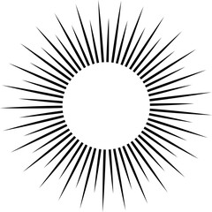 Black radiating lines surrounding a white circle against a white background create a dynamic, pointed composition, emphasizing contrast and energy in a modern, abstract design