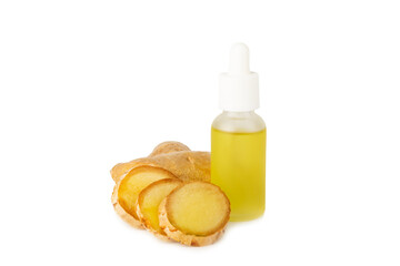 Ginger essential oil isolated on white background. Fresh ginger slices. Essence, serum, oil. Alternative medicine. Phytotherapy. Health and beauty concept.