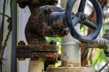 old water valve on rusty heating pipes. heating in production greenhouse. heating valve.