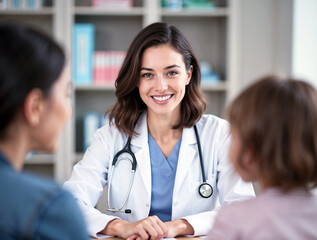Young woman pediatrician in a white coat with a stethoscope around her neck hosts a mother and child in her office.