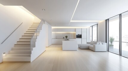 Fototapeta premium A sleek and elegant modern home interior with an open-concept living room and kitchen