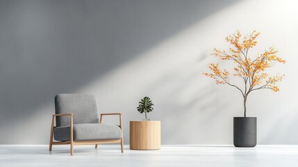 Modern gray room with wooden furniture and autumn plants