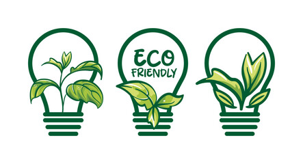 vector illustration featuring a collection of light bulbs, each housing unique green plants. This design beautifully represents the concept of green energy, merging innovation with natures vitality