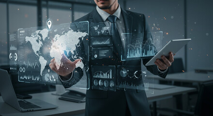 A businessman confidently manipulates a global network of data, visualized as a shimmering holographic world map in his hands, with glowing charts and graphs surrounding him in a sleek modern office.