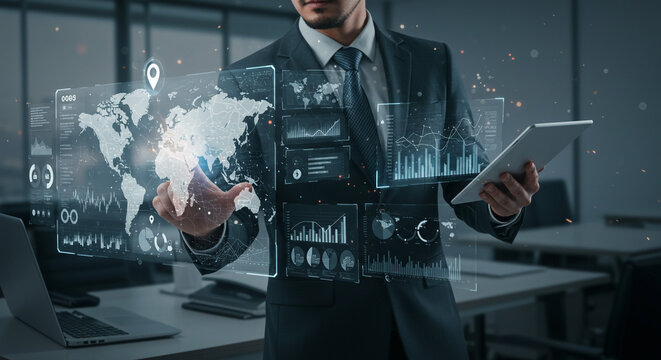 A businessman confidently manipulates a global network of data, visualized as a shimmering holographic world map in his hands, with glowing charts and graphs surrounding him in a sleek modern office.
