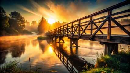 Fototapeta premium Silhouette Wooden Bridge at Sunset, Dramatic Landscape Photography
