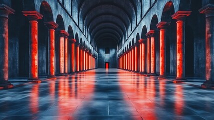 Glowing red columns in a dark ancient hall.