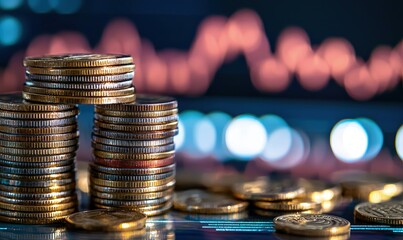Stacks of golden coins with a glowing digital chart in the background, symbolizing wealth, finance, and market analysis. Ideal for economic growth and investment themes