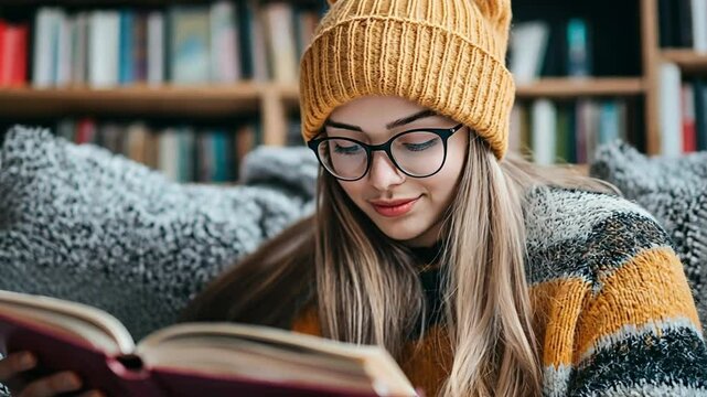 A studious young woman in a beanie and glasses absorbed in a book. Concept of cozy learning and personal relaxation.