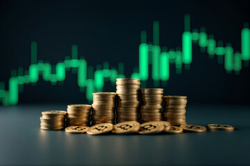 Premium Financial Investment Concept with Gold Coins and Upward Growth Chart in Navy Blue