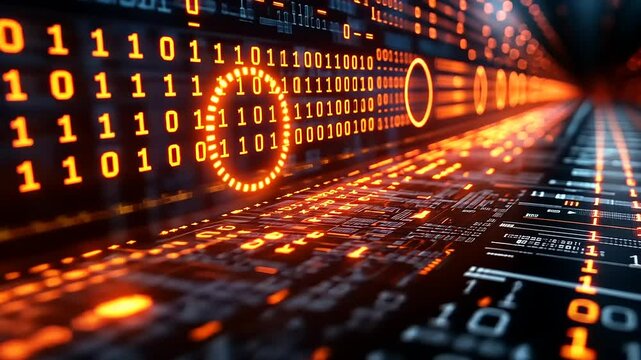 Abstract representation of digital data flow with glowing binary code in a futuristic environment
