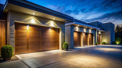 Obraz premium Sleek Modern Garage Doors: Low Light Architectural Photography