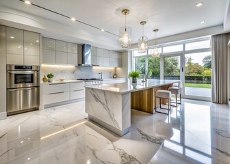 Fototapeta premium Sleek Modern White Marble Kitchen Floor - Luxury Home Interior Design