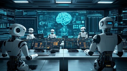 Fototapeta premium A modern AI control room where humans and robots work together to monitor business operations in a digital environment