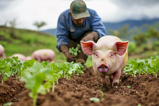 Farmer tending to crops with pig in lush field under cloudy sky