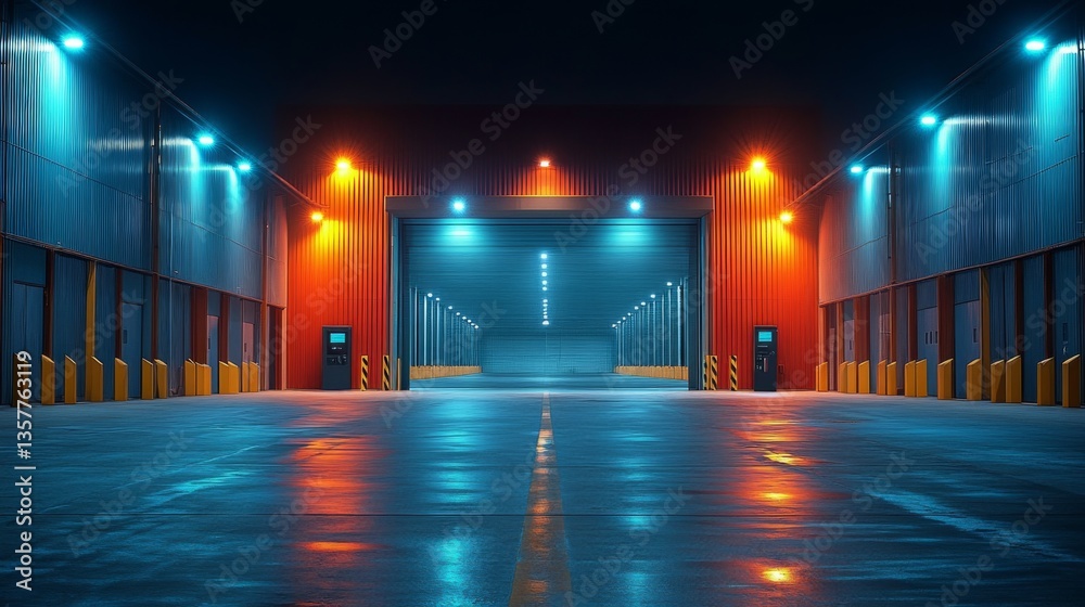 Poster a spacious warehouse is illuminated by bright orange and blue lights, showcasing loading docks for f