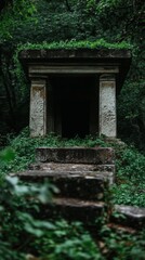 Naklejka premium Ancient stone ruins covered in vines and moss. Concept of nature silently reclaiming space. A scene of abandonment.