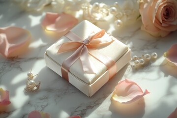 Elegant gift box with blush pink ribbon, pearls, and rose petals on marble.