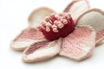 Close-up of delicately embroidered flower with pink and red threads, showcasing intricate details and textures.