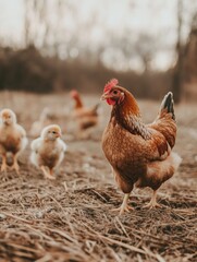 Fototapeta premium Mother hen walking with her chicks on warm straw ground in a tranquil outdoor setting during soft daylight hours Generative AI