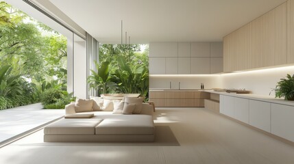 Fototapeta premium A sleek, open-concept living room and kitchen with white walls and pale ash wood floors