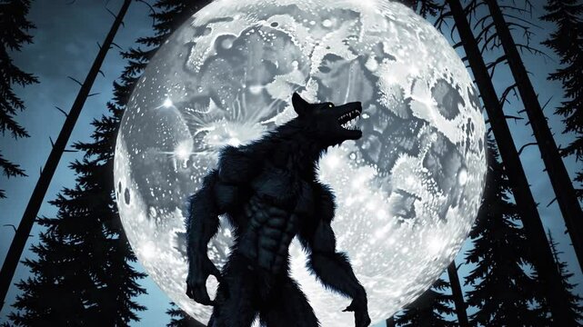 Muscular werewolf standing in shadowy forest, howling dramatically beneath luminous full moon, embodying primal supernatural terror and mythical predatory power