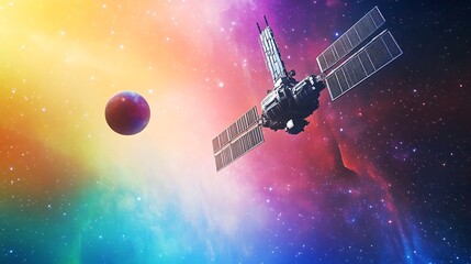 Futuristic space station orbiting a distant exoplanet on a galaxy themed colored background