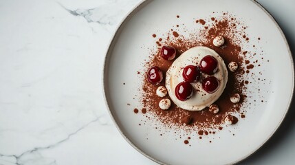 Gourmet coffee cherry tiramisu elegantly plated on a white marble surface, soft natural lighting, minimalistic composition, delicate cocoa dusting