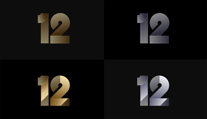 Number Design Line Stripes in Luxury Gold 12th, 12th Years Anniversary with Gold Metallic Line ,Luxury, Line and shape concept.