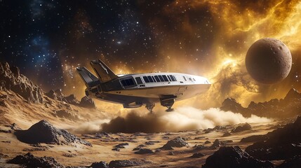 Futuristic spacecraft landing on a rocky exoplanet dust swirling around its base on an artistic space backdrop