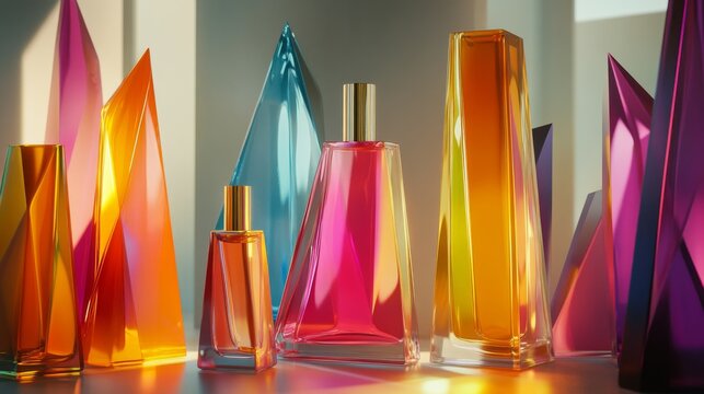 photorealisitc parfum flacons with a modern bright coloured parfumes and a slim modern, wild shape