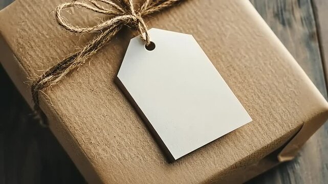 A wrapped gift box tied with twine and a blank tag, ready for personalization.