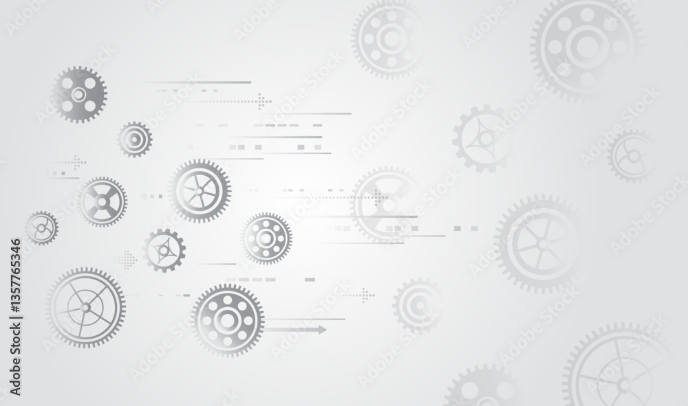 Poster Sci-fi grey background with different technological elements. Science concept, lines, arrows and gear mechanism. Abstract high-tech communication for presentation or banner.