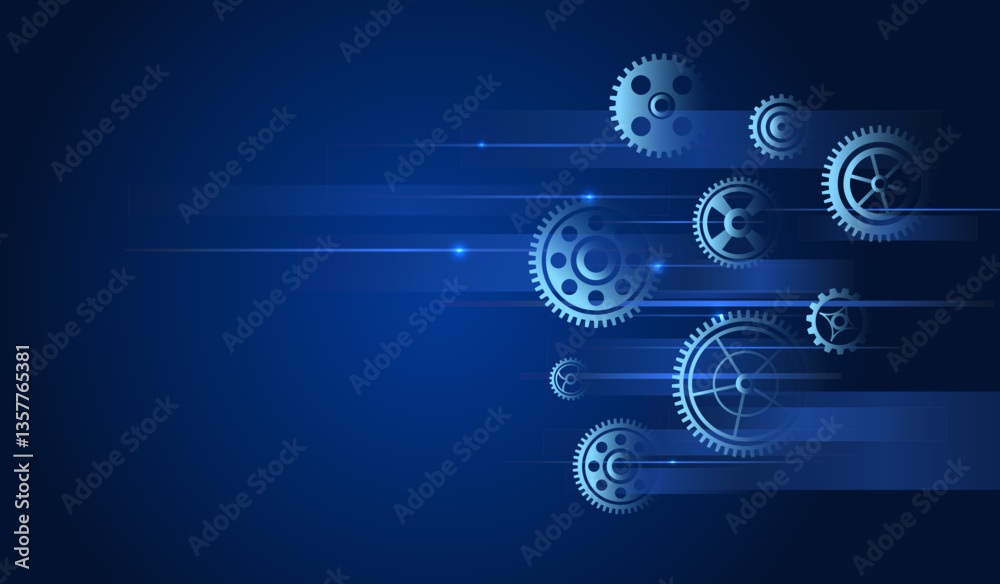 Poster gear mechanism on blue background for presentation. cogwheels and lines for scientific experiment pr