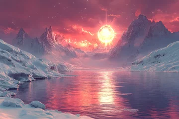 Selbstklebende Fototapeten Beautiful landscape with a large body of water and mountains in the background. The sky is a deep red color, and the sun is shining brightly © Людмила Мазур