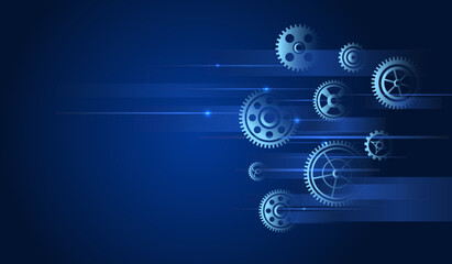 Gear mechanism on blue background for presentation. Cogwheels and lines for scientific experiment presentation. Futuristic high tech concept. Business and industry internet banner.