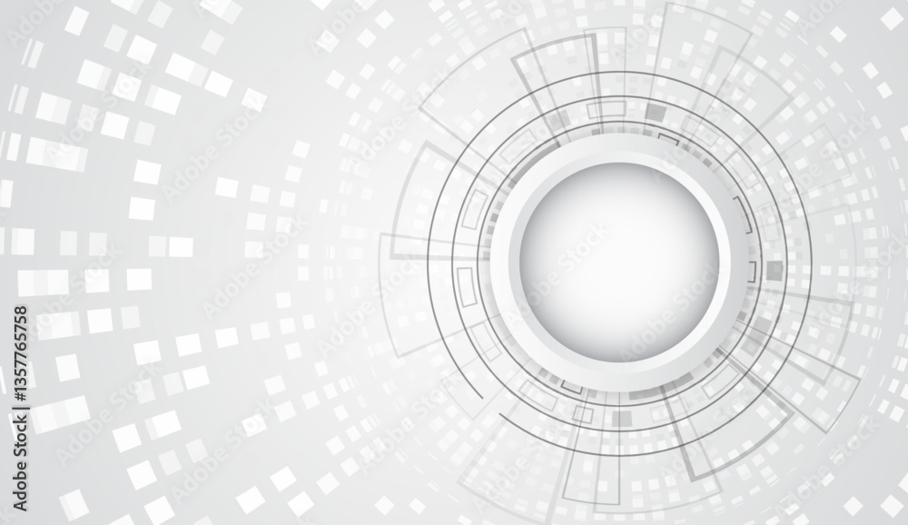 Poster Sci-fi gray background with various technology elements. Science concept, circles with shadows and lines. Abstract hi tech communication for presentation or banner.