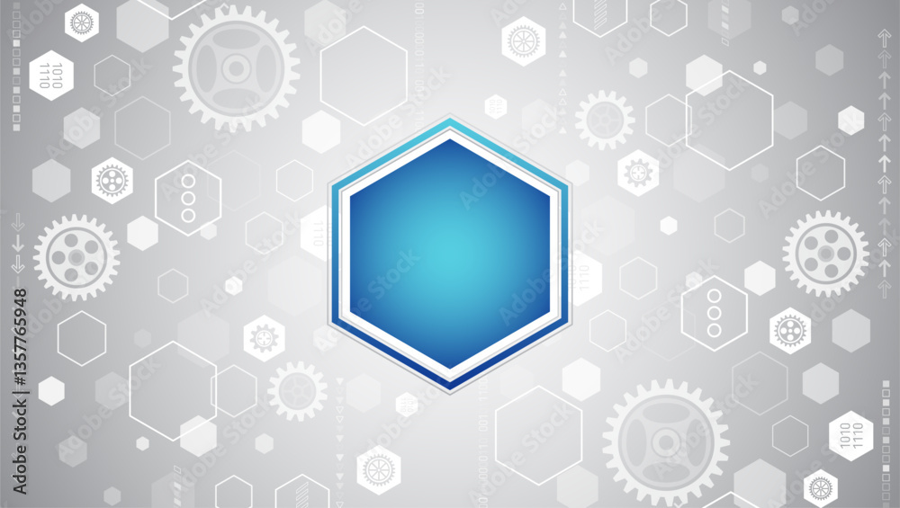 Poster Vector illustration of gears, triangles and circles. Abstract futuristic communication. Hi-tech grey background with various technology elements.