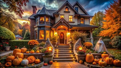 Spooky Halloween House with Peanuts Gang Decorations - Autumnal Festive Scene